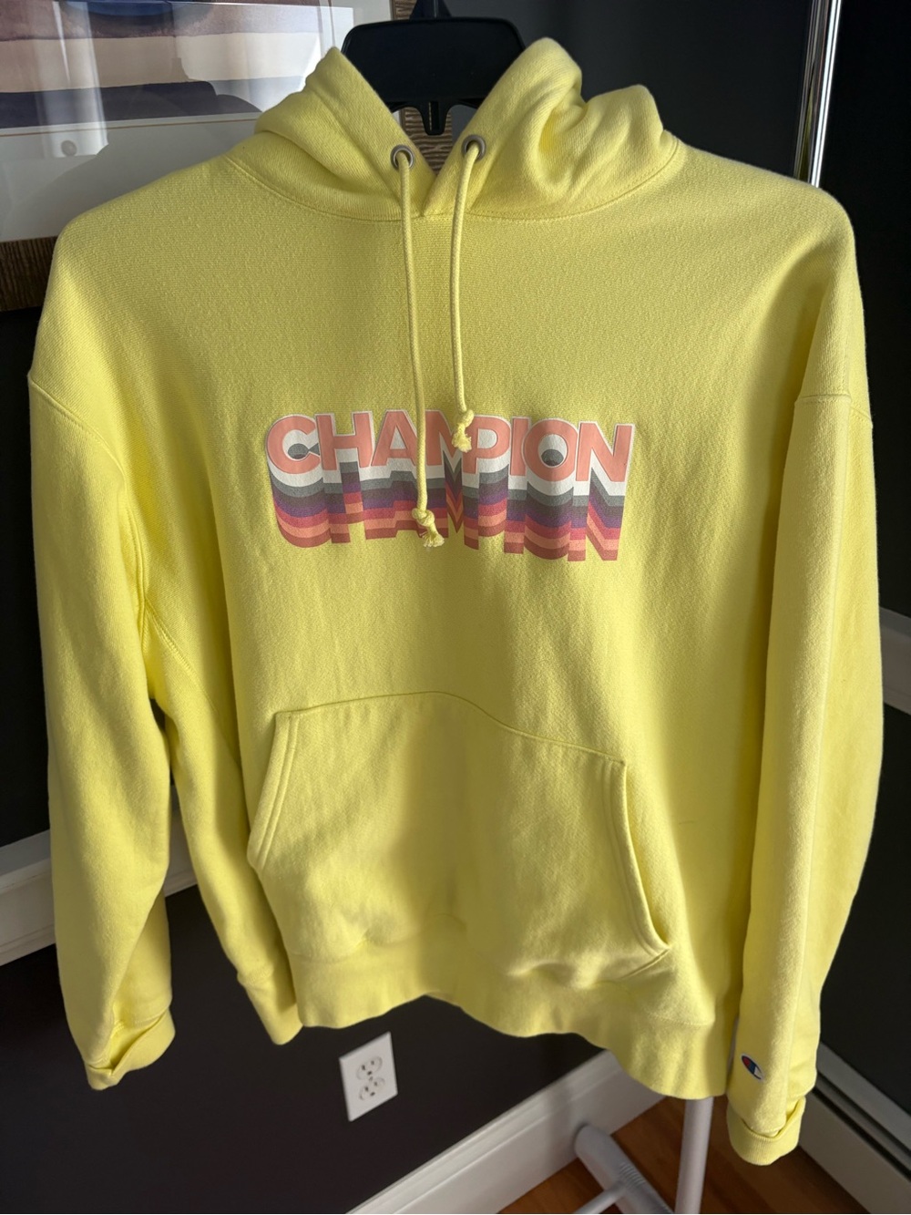 Vintage Style Champion Womens XL Yellow Hoodie Sweatshirt Retro Logo